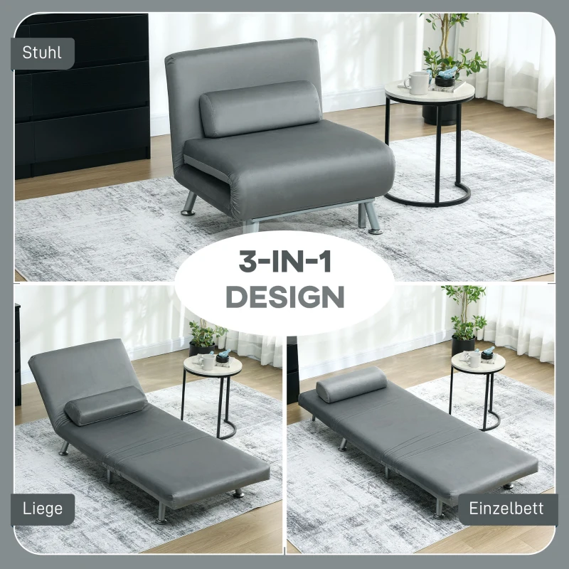 HOMCOM Klappsessel mit Bettfunktion, klappbarer Relaxsessel in Samtoptik, Verstellbare Rückenlehne, 75 x 70 x 75 cm, Grau