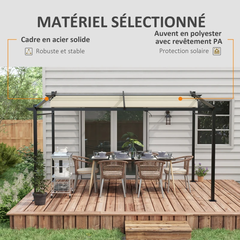 Outsunny Pergola rétractable 4 x 3 m structure métal époxy anticorrosion toile Polyester180 g/m² Incluse Beige