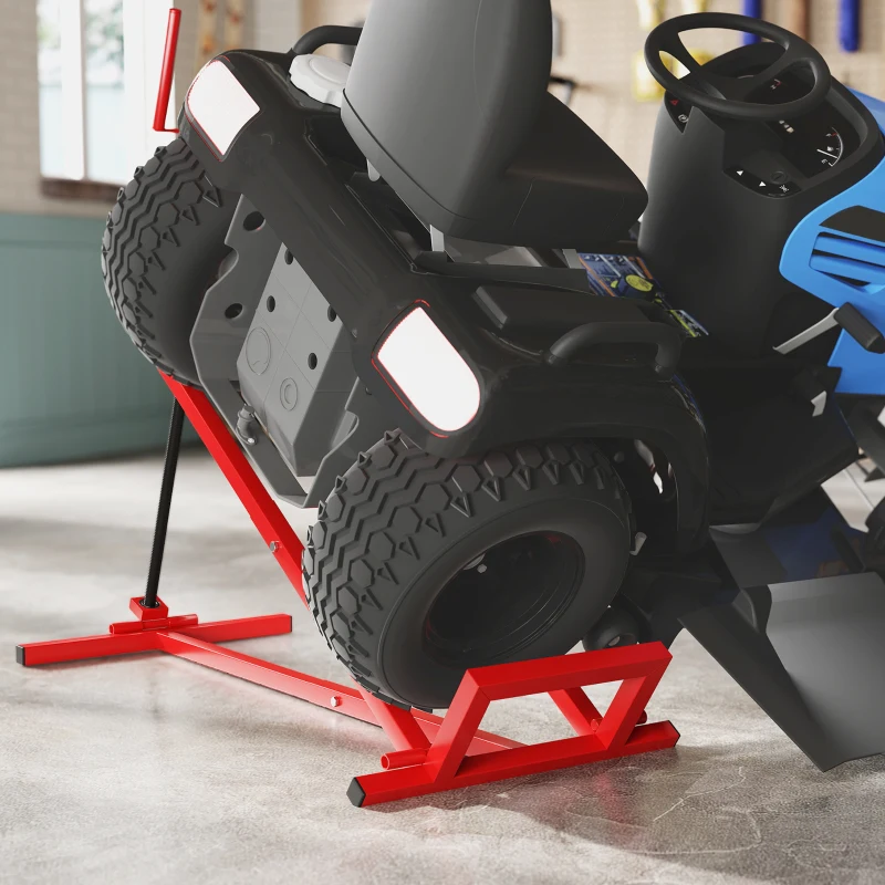 HOMCOM 400 kg Foldable Ride-On Mower Jack Lift, Adjustable Steel Lifting Device, for Lawn Mower, ATV, Red