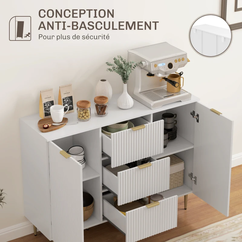 HOMCOM Buffet mobile da cucina con 3 cassetti, ripiani regolabili, armadi a pannelli a coste, 120 x 40 x 90 cm, bianco