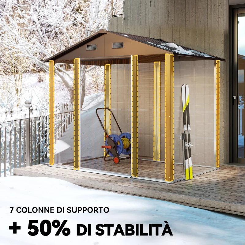 Outsunny Casetta da Giardino in Acciaio Effetto Legno con Doppie Porte Scorrevoli, 236x196x208 cm, Marrone