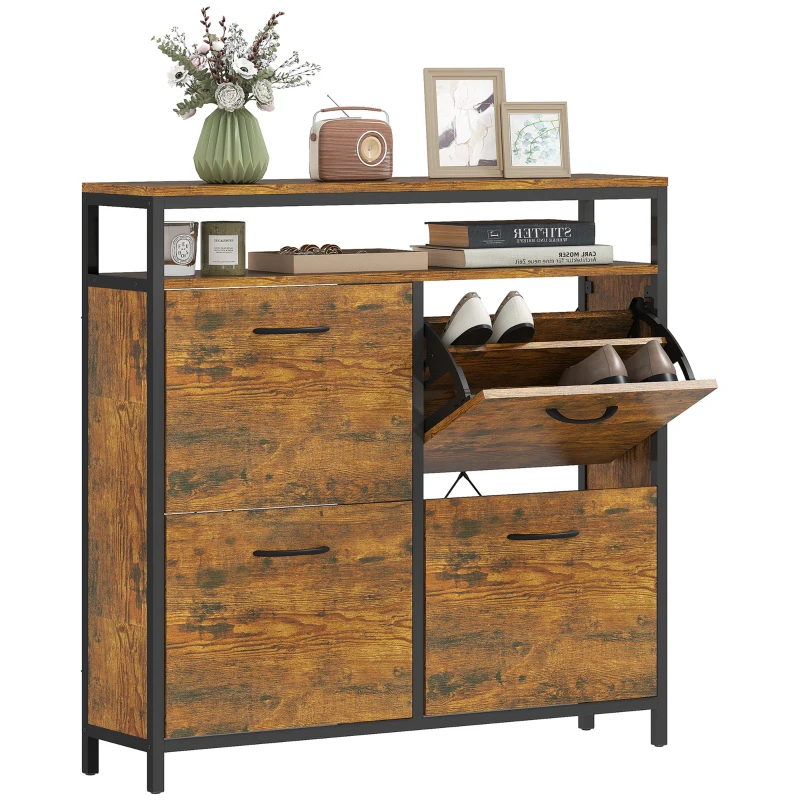 HOMCOM Mobile Portascarpe con 4 cassetti pieghevoli, design stretto, ripiano aperto, per 12-20 paia di scarpe, acciaio, Marrone