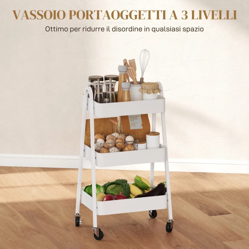 HOMCOM Carrello Cucina Multiuso a 3 Livelli, Ruote Girevoli con Freno e Maniglie, Bianco