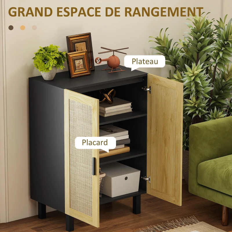 HOMCOM Buffet haut meuble de rangement design bohème double portes avec 3 étagères en cannage - 73 x 41 x 102 cm