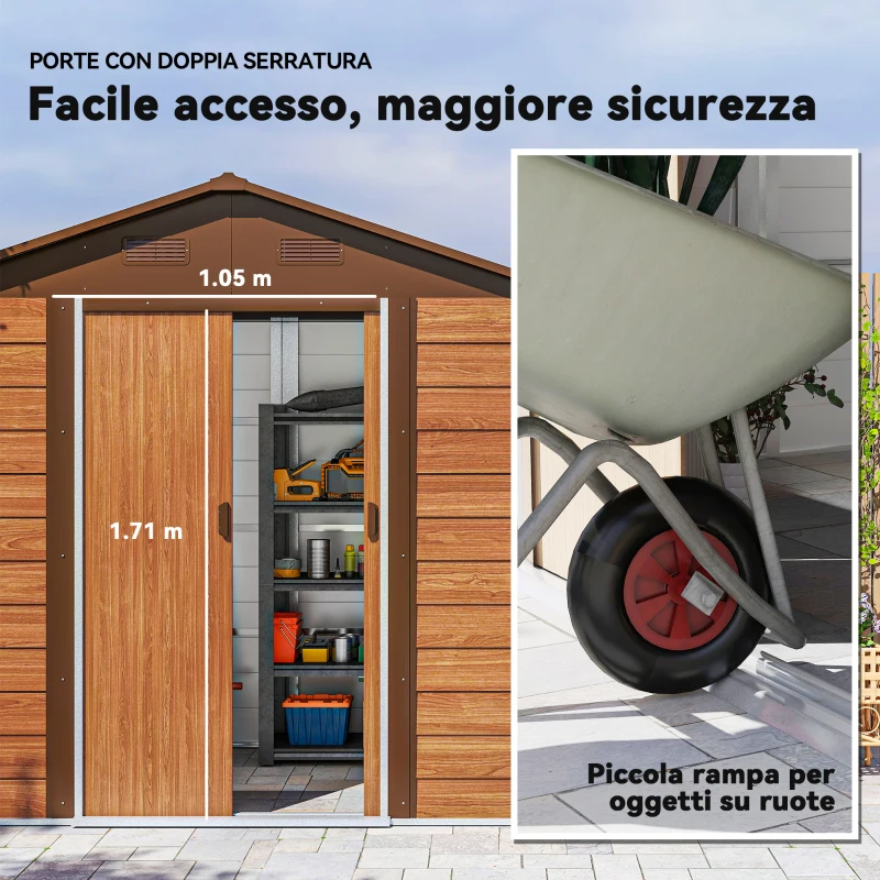 Outsunny Casetta da Giardino in Acciaio Effetto Legno con Doppie Porte Scorrevoli, 236x196x208 cm, Marrone