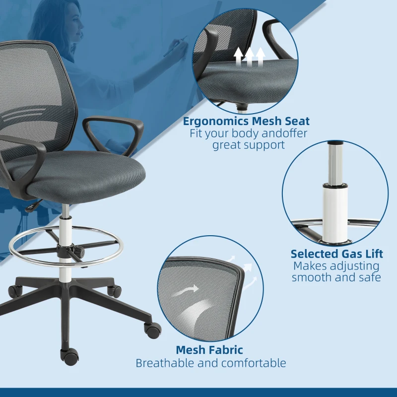 Vinsetto Chaise de Bureau Ergonomique avec Accoudoirs et Repose-Pieds Réglable en Hauteur Tissu Mesh Gris