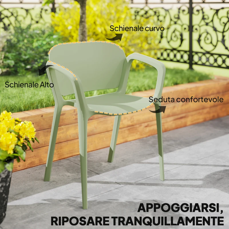 Outsunny Set 4 Sedie da Giardino Impilabili in PP dal Design Moderno con Braccioli 60x56x75 cm, Verde