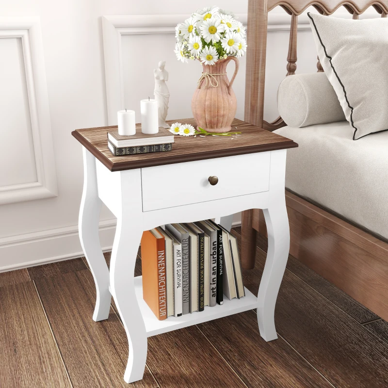 HOMCOM Table de Chevet avec Tiroir et Étagère Ouverte de Style Français en Bois, 45x35x55 cm, Blanc et Chêne