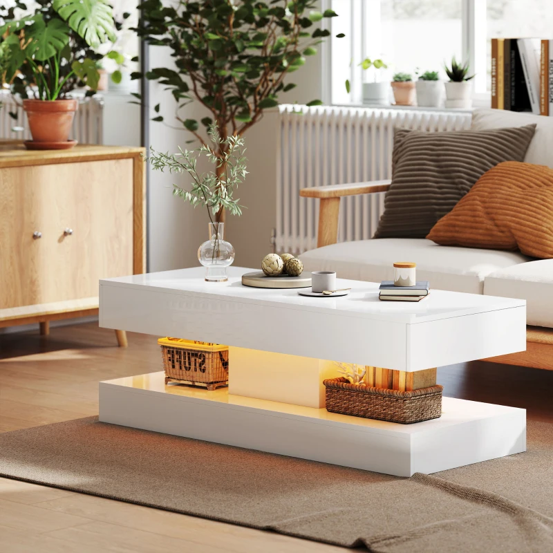 HOMCOM Wohnzimmertisch mit Schubladen und LED-Lichtern, moderner Sofatisch mit offener Ablage, Couchtisch, Spanplatte, Weiß(m-8)