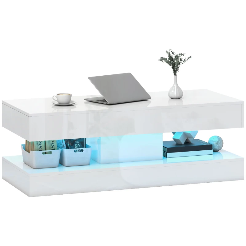 HOMCOM Salontafel met Lades en LED-verlichting, moderne Sofatafel met open opbergruimte, Salontafel, Spaanplaat, Wit(m-11)