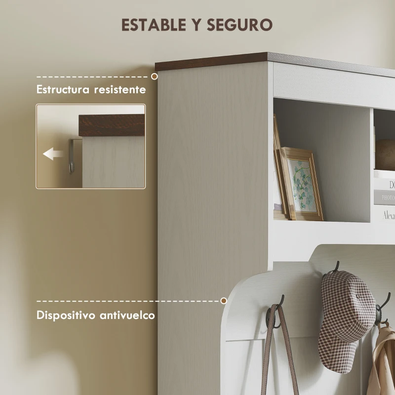 HOMCOM Perchero Zapatero con Banco Zapatero Ganchos Estantes y Compartimentos para Entrada Pasillo Salón 105x40x180 cm Blanco