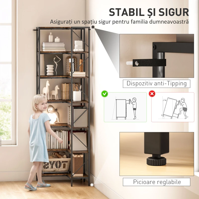 HOMCOM Bibliotecă de colț industrială cu 7 niveluri din pal melaminat și oțel, maro