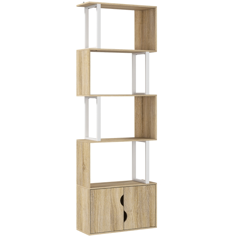 HOMCOM Biblioteca de 5 niveles mueble de almacenamiento con estantes y armario de doble puerta 60x23,8x179,2 cm madera natural
