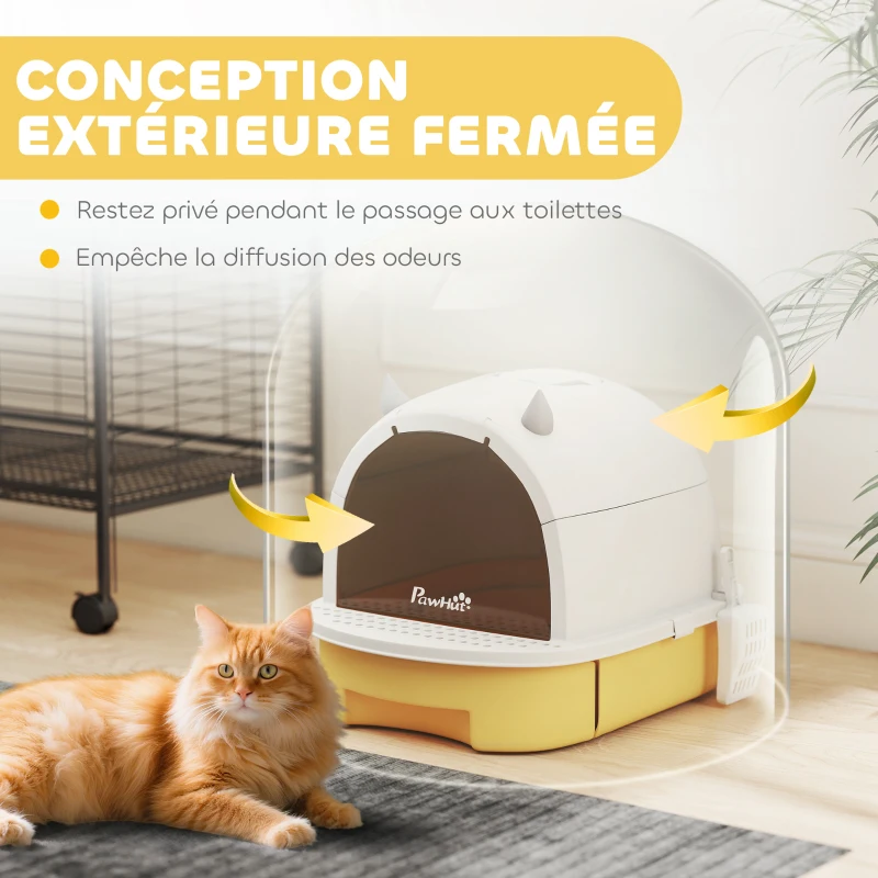 PawHut Maison de toilette pour chat bac à litière fermé chat poignée de transport porte translucide 40,5 x 52 x 39 cm jaune