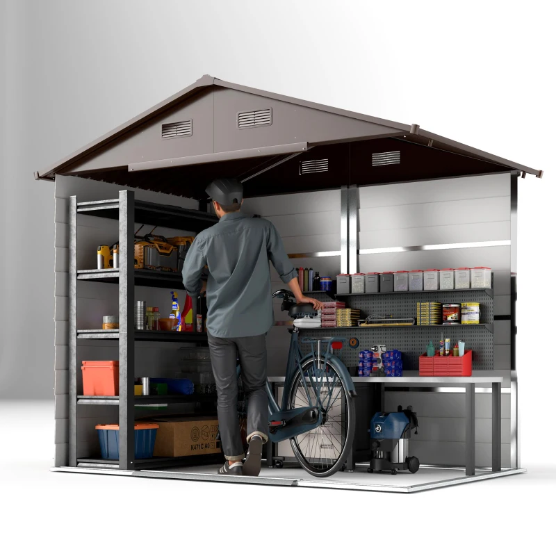 Outsunny Casetta da Giardino in Acciaio Effetto Legno con Doppie Porte Scorrevoli, 236x196x208 cm, Marrone