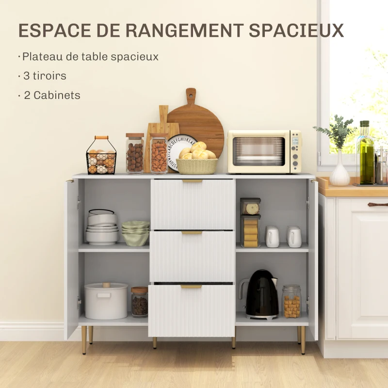 HOMCOM Buffet meuble cuisine rangement avec 3 tiroirs, étagères réglables, placards à portes cannelées, 120 x 40 x 90 cm, blanc