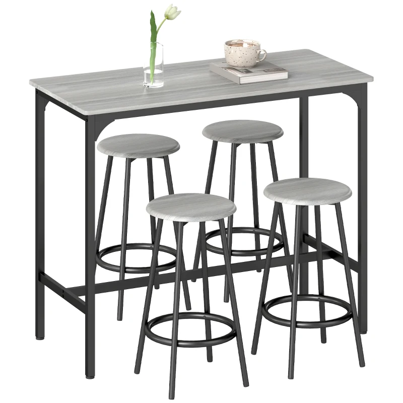 HOMCOM Conjunto de Móveis Altos de Bar com 5 Peças Mesa de Refeição Industrial e 4 Bancos Redondos Cinzento e Preto