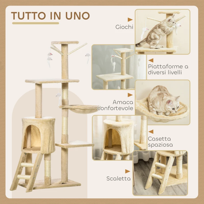 PawHut Torre per Gatti con Casetta, Trespolo, Piattaforme e 4 Topolini appesi, Tiragraffi per Gatti in Truciolato, Peluche e Sisal, 50x35x134.2 cm, Beige