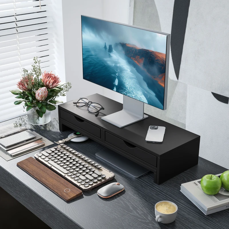 HOMCOM Dual Monitor Stand Riser with 2 Drawers, Adjustable Length and Angle, 116cm Monitor Riser for Laptop, Computer, PC, Small Printer, Black