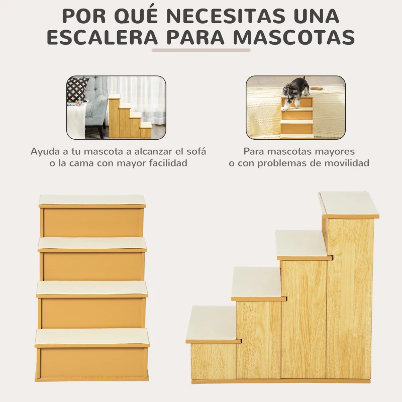 PawHut Escalera para Mascotas Escalones para Perros Gatos con Acolchados Desmontables Carga 30 kg 40x59x54,2 cm Natural y Crema