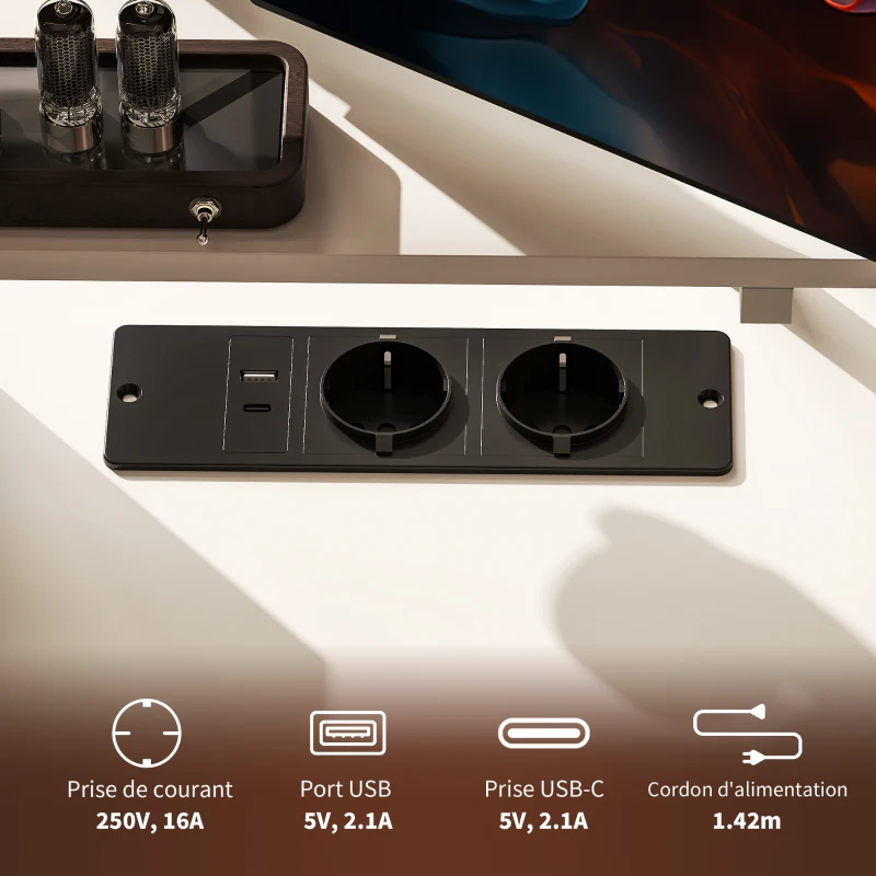 HOMCOM Bureau d'angle, en forme de L avec prise intégrée, support d'écran et étagère de rangement, blanc