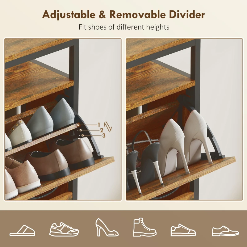 HOMCOM Shoe Storage Cabinet with 4 Flip Drawers and Open Shelf - Rustic Brown