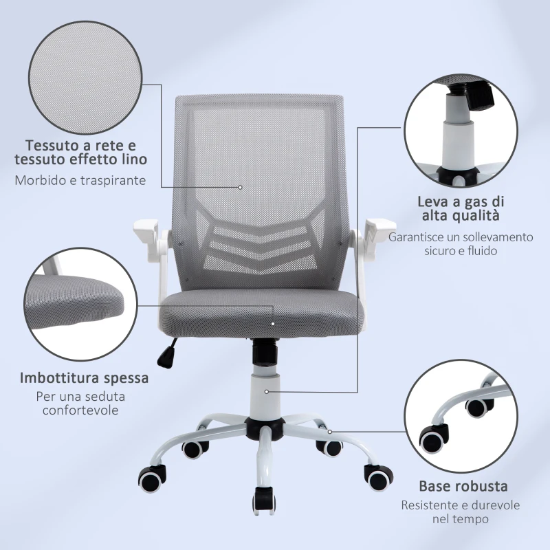 Vinsetto Sedia da Ufficio Ergonomica con Braccioli e Supporto Lombare, in Tessuto Effetto Lino, 62.5x55x94-104 cm, Grigia