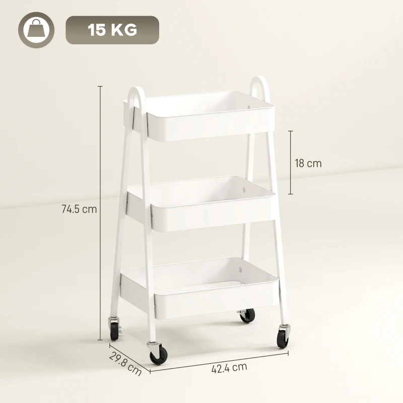 HOMCOM Cărucior de Bucătărie cu 3 Niveluri, Roți Pivotante, Mânere și Frâne, 42,4x29,8x74,5 cm, Alb