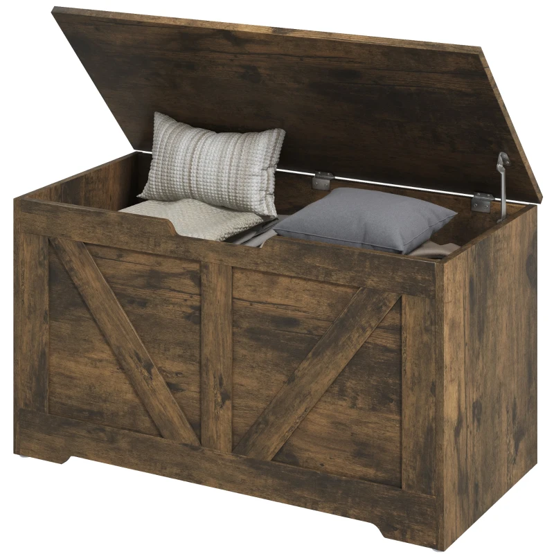 HOMCOM 100L Home Storage Box, with Safety Hinges - Rustic Brown