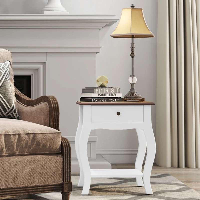 HOMCOM Table de Chevet avec Tiroir et Étagère Ouverte de Style Français en Bois, 45x35x55 cm, Blanc et Chêne