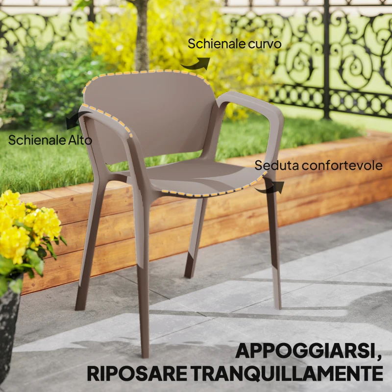 Outsunny Set 4 Sedie da Giardino Impilabili in Plastica Moderne con Braccioli 60x56x75 cm, Grigio