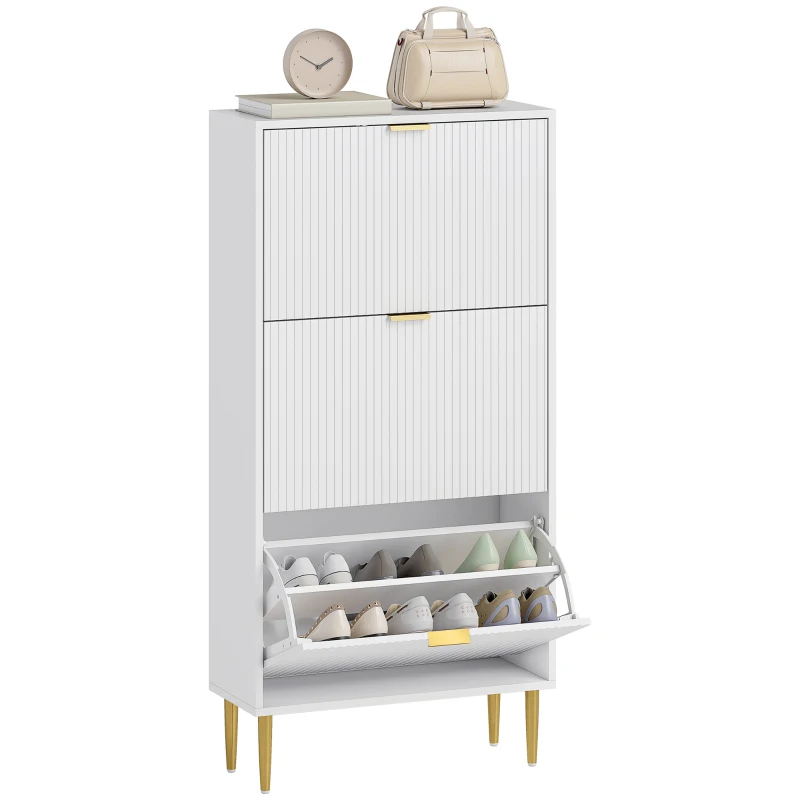 HOMCOM Scarpiera Slim per 18 Paia di Scarpe con 3 Cassetti a Ribalta e Ripiani Regolabili, 60x24x128 cm, Bianco