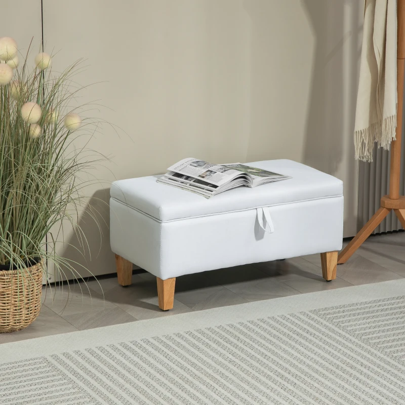 HOMCOM Linen Storage Ottoman Padded Footstool with Rubberwood Legs for Storage Box, Bed End, Shoe Bench, Seating, Cream White