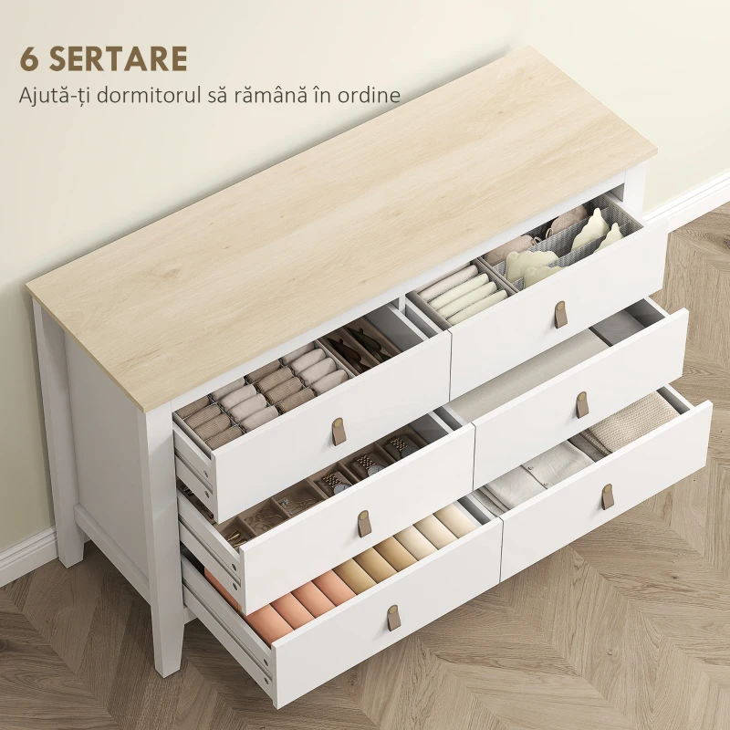HOMCOM Comodă cu 6 Sertare și Mânere din Piele Ecologică Albă, 120x40x78 cm
