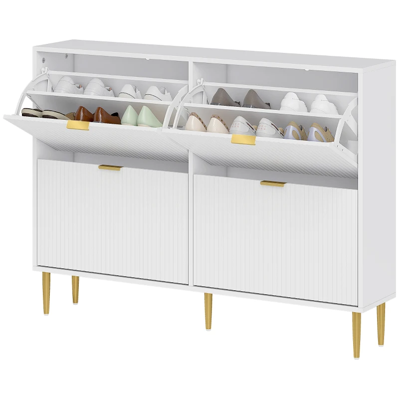 HOMCOM Meuble à chaussures 20 paires avec 4 tiroirs rabattables, portes cannelées et étagères réglables, 105x24x91,5cm, blanc