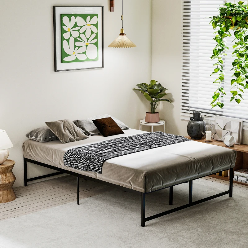 HOMCOM Cadre de lit double 140 x 190 cm, lit double 2 personnes en acier, hauteur 31 cm avec rangement, sommier à lattes, noir