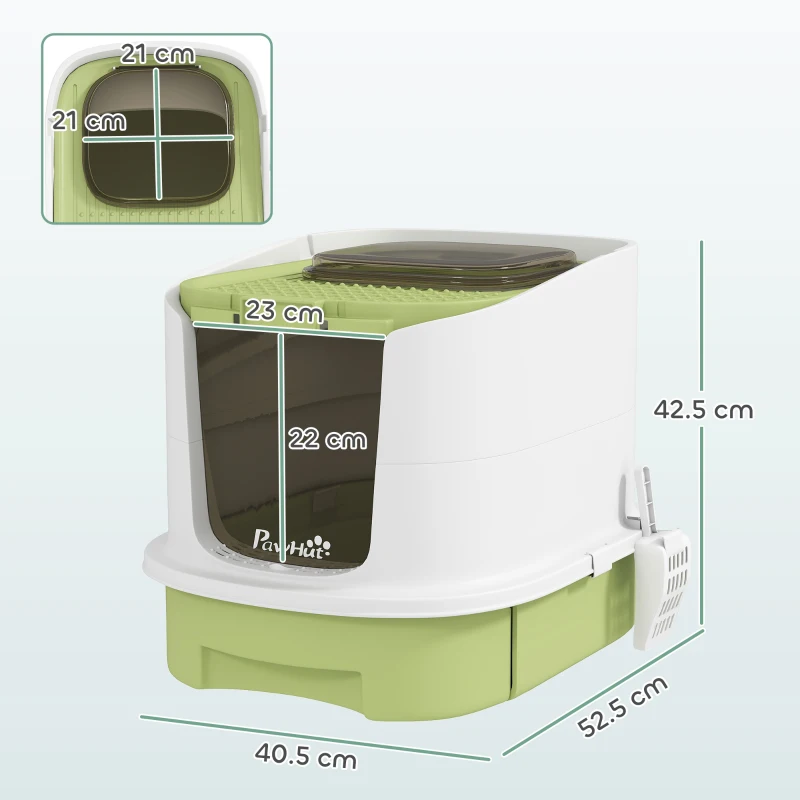 PawHut Lettiera per Gatti Chiusa con 2 Porte, Vassoio Estraibile, Paletta e Deodorante, in PP, 40.5x52.5x42.5 cm, Verde