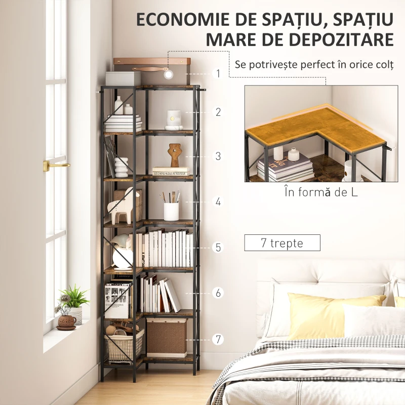 HOMCOM Bibliotecă de colț industrială cu 7 niveluri din pal melaminat și oțel, maro