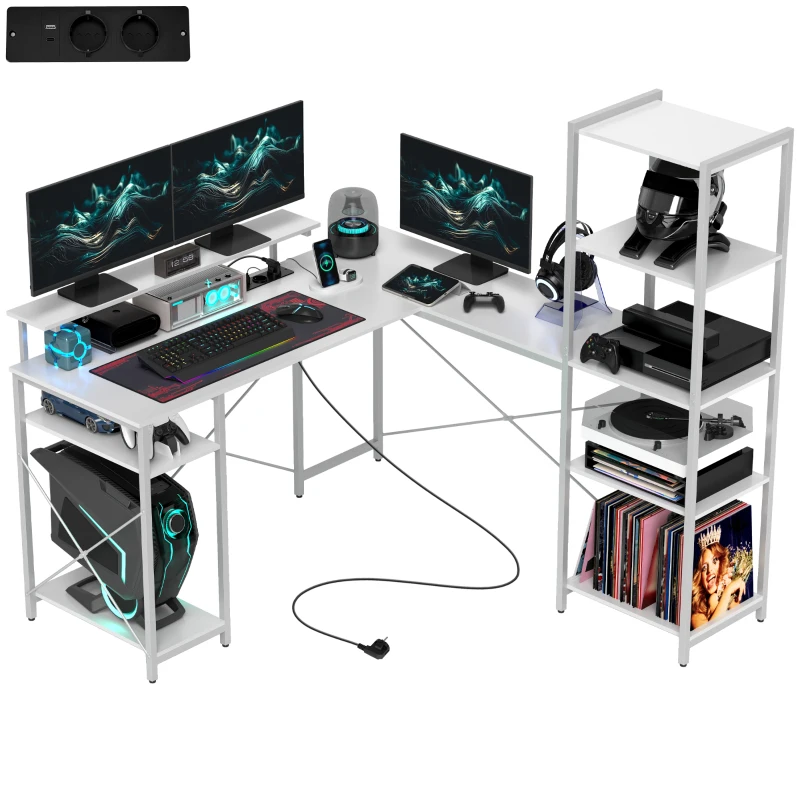 HOMCOM Bureau d'angle, en forme de L avec prise intégrée, support d'écran et étagère de rangement, blanc