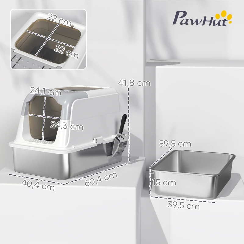 PawHut Kattenbak, kattenbox met deksel, kattenbakschep, vooringang en bovenuitgang roestvrijstaal tot 15 kg(m-3)