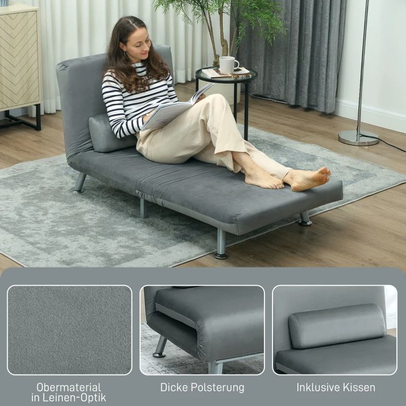 HOMCOM Opklapbare stoel met bedfunctie, opklapbare relaxstoel in fluweellook, verstelbare rugleuning, 75 x 70 x 75 cm, Grijs