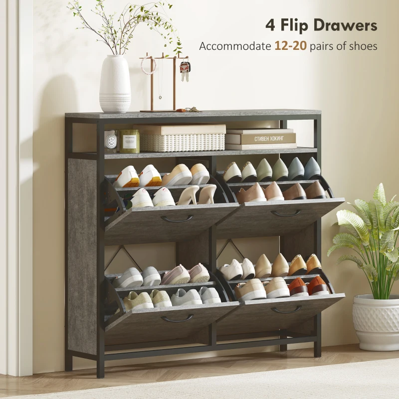 HOMCOM Shoe Storage Cabinet with 4 Flip Drawers and Open Shelf - Cement Grey