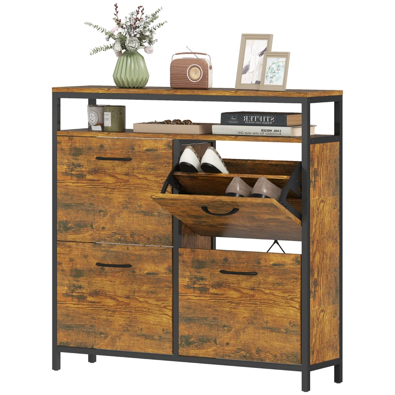 HOMCOM Mobile Portascarpe con 4 cassetti pieghevoli, design stretto, ripiano aperto, per 12-20 paia di scarpe, acciaio, Marrone