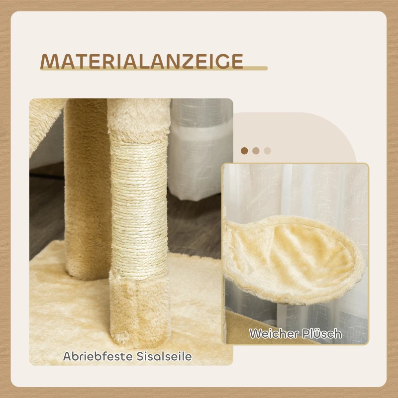 PawHut Kratzbaum 134,2 cm Katzenturm mit Höhle, 2 Spielzeuge Sisalstämme, große Plattform, Treppe, mehrstöckiger Katzenkratzbaum, Kletterbaum, für mittelgroße Katzen, Beige+Weiß