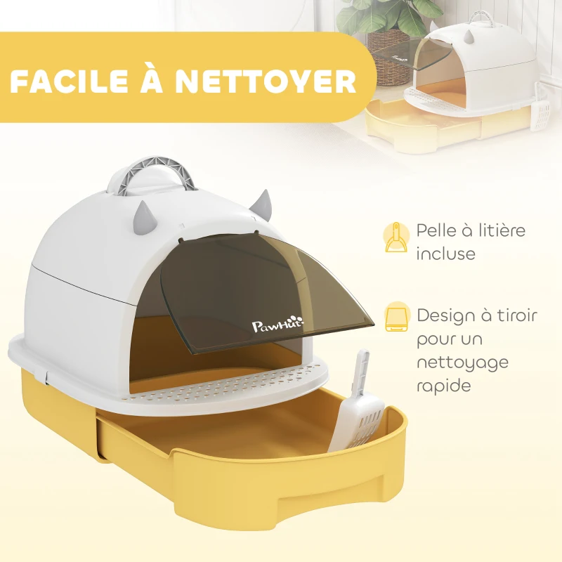 PawHut Maison de toilette pour chat bac à litière fermé chat poignée de transport porte translucide 40,5 x 52 x 39 cm jaune