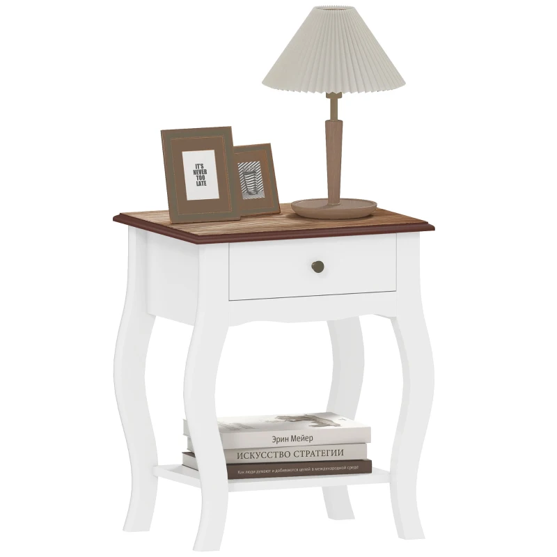HOMCOM Comodino con Cassetto e Ripiano Aperto in Stile Francese in Legno, 45x35x55 cm, Bianco e Rovere