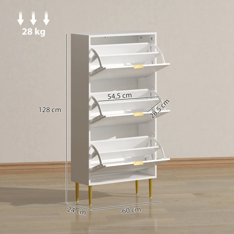HOMCOM Meuble à chaussures 18 paires avec 3 tiroirs rabattables, portes cannelées et étagères réglables, 60x24x128cm, blanc