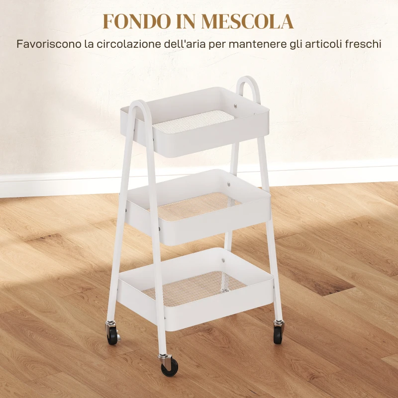 HOMCOM Carrello Cucina Multiuso a 3 Livelli, Ruote Girevoli con Freno e Maniglie, Bianco
