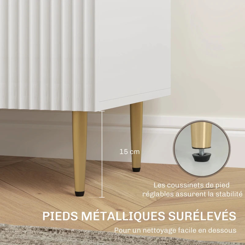 HOMCOM Buffet meuble cuisine rangement avec 3 tiroirs, étagères réglables, placards à portes cannelées, 120 x 40 x 90 cm, blanc