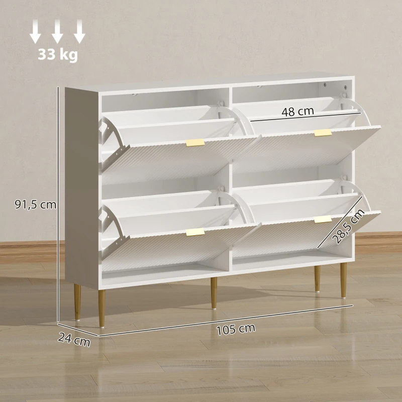 HOMCOM Meuble à chaussures 20 paires avec 4 tiroirs rabattables, portes cannelées et étagères réglables, 105x24x91,5cm, blanc